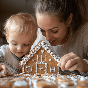 Mom and child making a gingerbread house